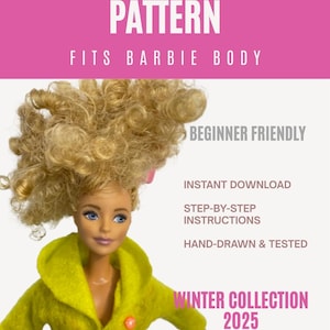 Puede incluir: Una muñeca con una chaqueta con capucha envolvente amarilla. La imagen incluye el texto "WRAP HOODED JACKET PATTERN" y "FITS BARBIE BODY". Texto adicional indica "BEGINNER FRIENDLY", "INSTANT DOWNLOAD" y "WINTER COLLECTION 2025".