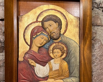SACRED BYZANTINE FAMILY Icon With Carved Wood Frame