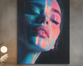 Puede incluir: Un primer plano de la cara de una mujer con los ojos cerrados. La cara está pintada en un esquema de colores azul y rosa vibrante con reflejos iridiscentes. El fondo es oscuro.