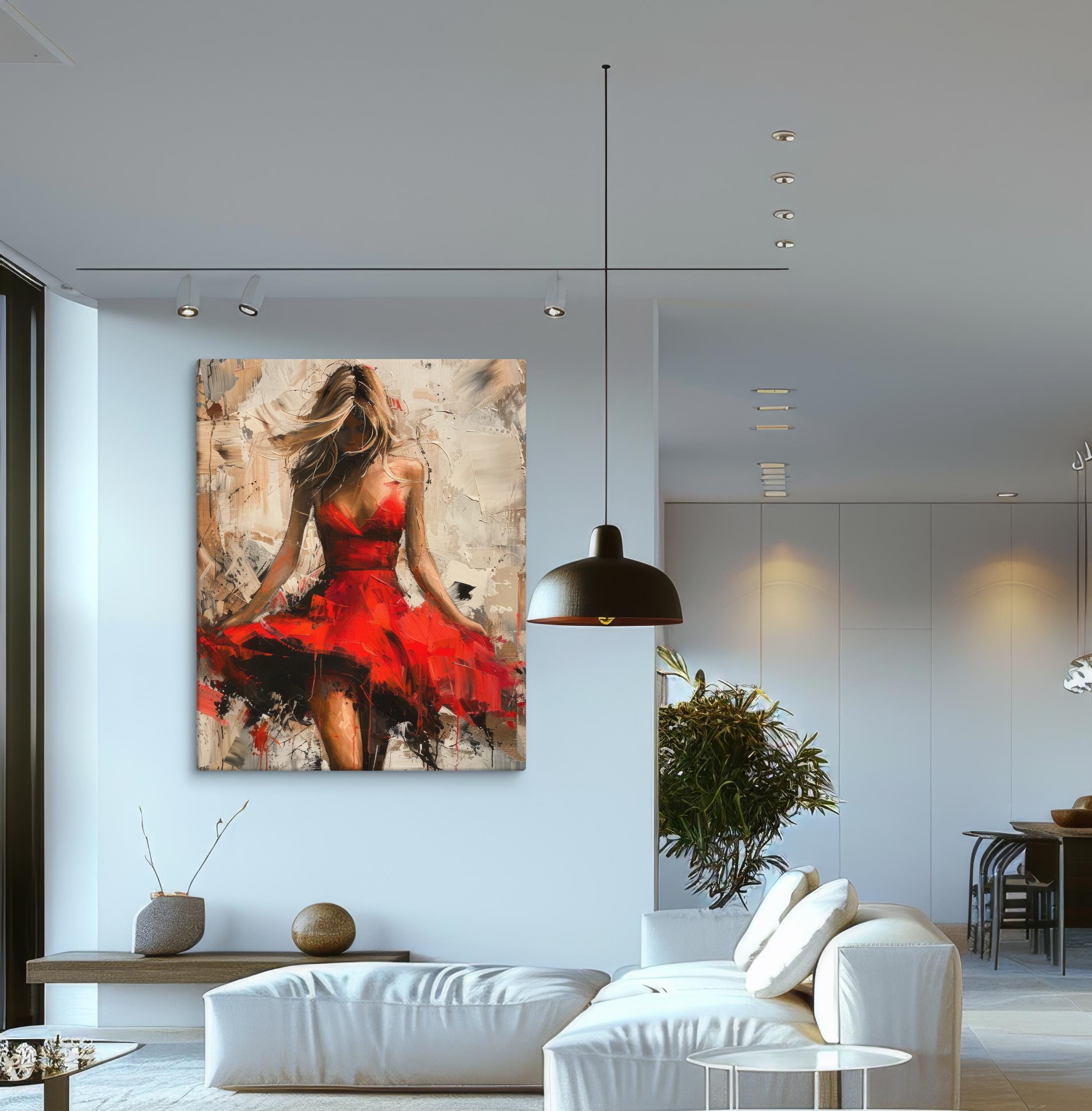 Modern Abstract Wall Art - Woman in Red Dress Canvas Painting - Stylish ...