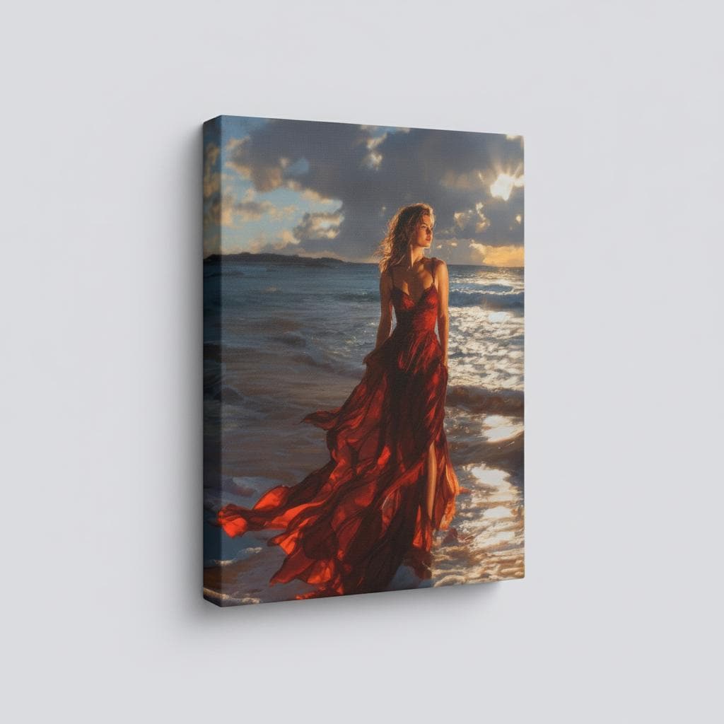 lady in red dress on beach painting Woman in Red Dress by the Sea, Romantic Sunset Wall Art, Elegant Beach Canvas Painting Ready to Hang for Bedroom or Living Room