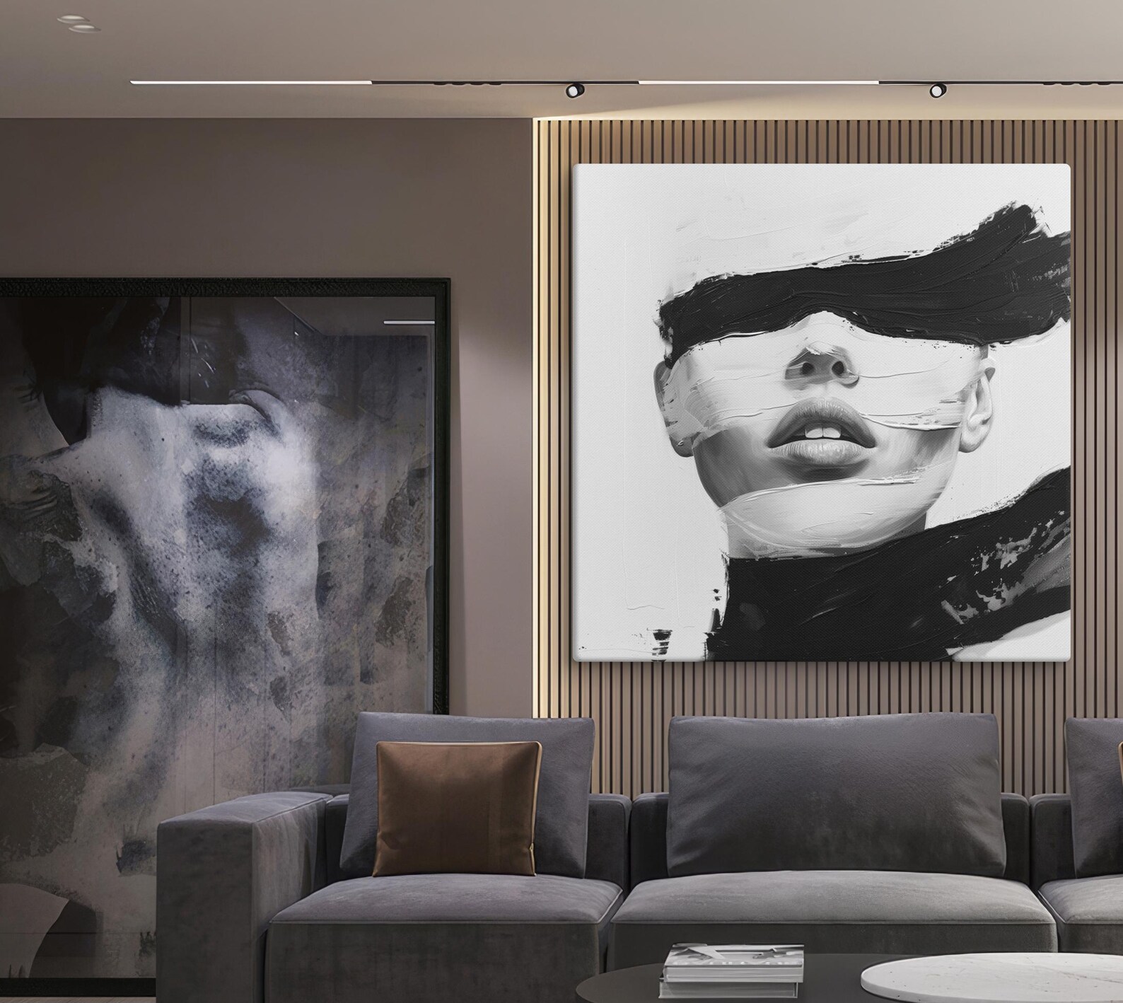 Canvas Modern Abstract Wall Art - Black and White Woman Portrait With ...