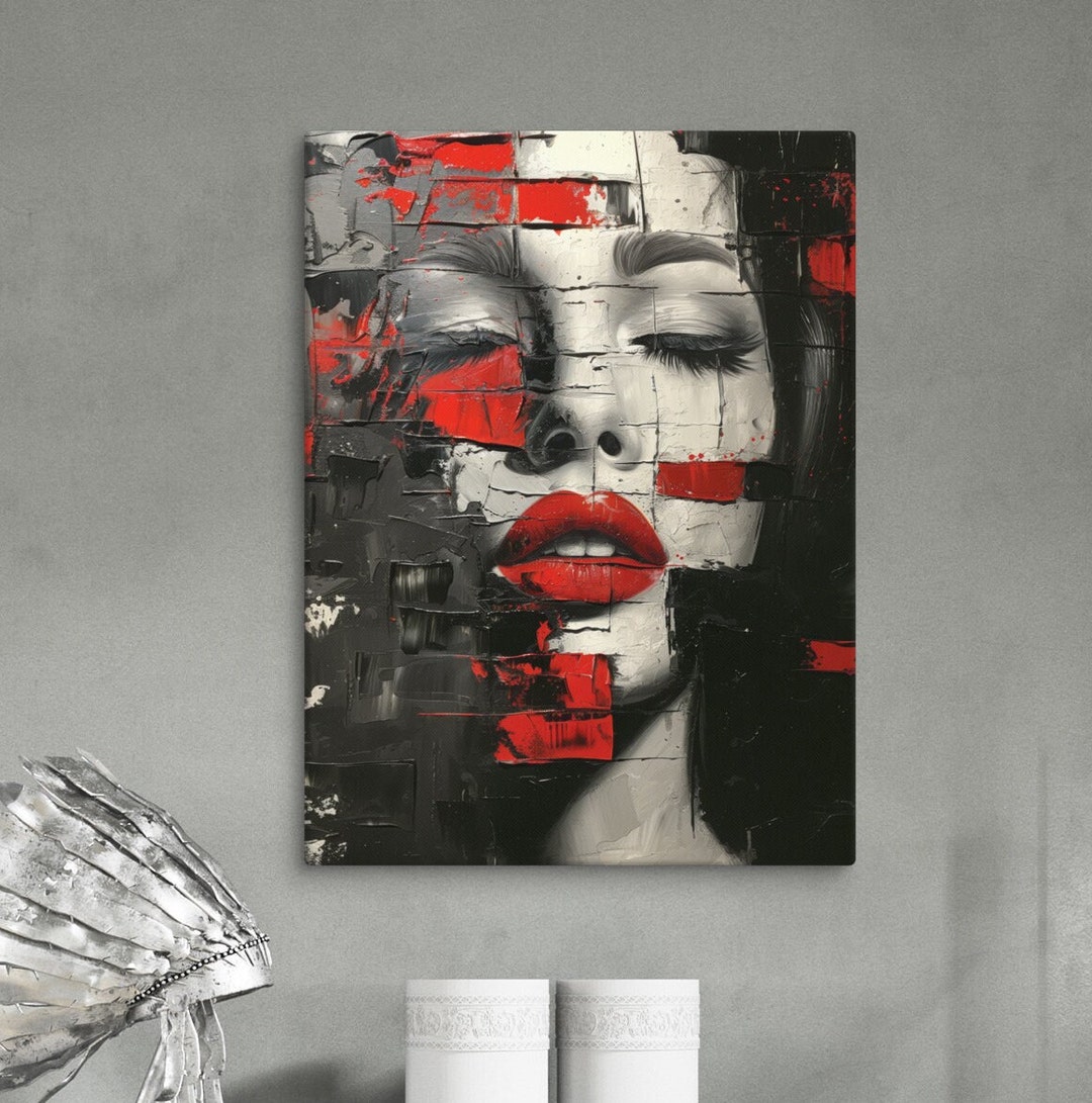 Abstract Face Art Print, Red Lips Modern Wall Art Decor, Expressive ...