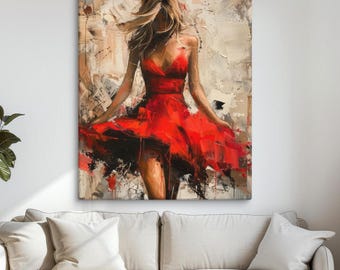 Modern Abstract Wall Art - Woman in Red Dress Canvas Painting - Stylish and Elegant Home Decor, Perfect for Living Room or Bedroom