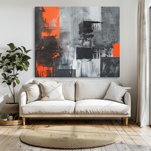Canvas Bold Abstract Wall Art - Black, Grey, and Bright Orange Modern ...