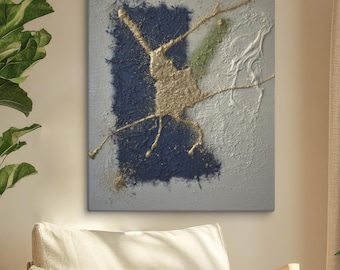 Cuadro abstracto azul y dorado, arte mural moderno con detalles metálicos, lienzo de lujo listo para colgar para la decoración del hogar.