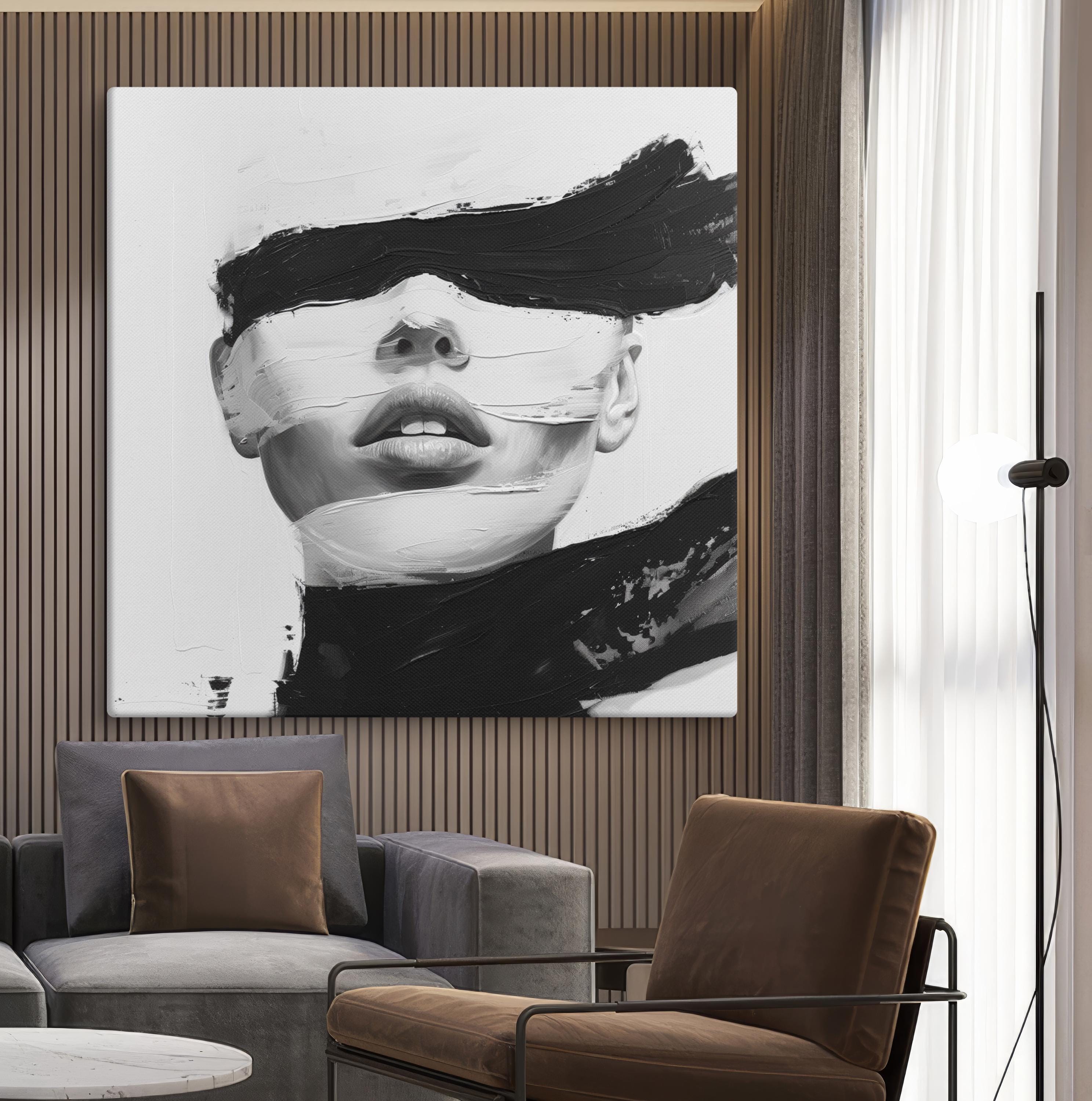 Canvas Modern Abstract Wall Art - Black and White Woman Portrait With ...