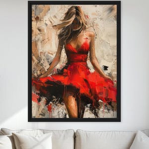 Modern Abstract Wall Art - Woman in Red Dress Framed Canvas - Stylish ...