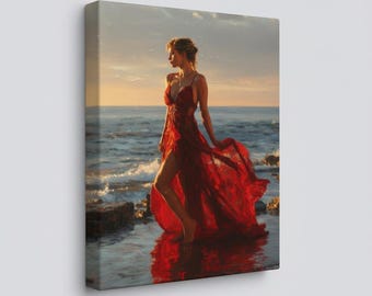 lady in red dress on beach painting Liberated Woman - Woman on the Beach - Woman in Red Dress - the Great  Summer on the Beach - the Lightness of Being