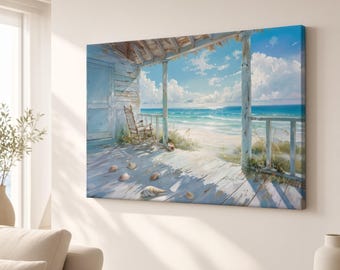 Coastal Porch Seaside View Art Print, Relaxing Beach House Wall Art Decor, Serene Oceanfront Canvas Pictures for Home, Ready to Hang