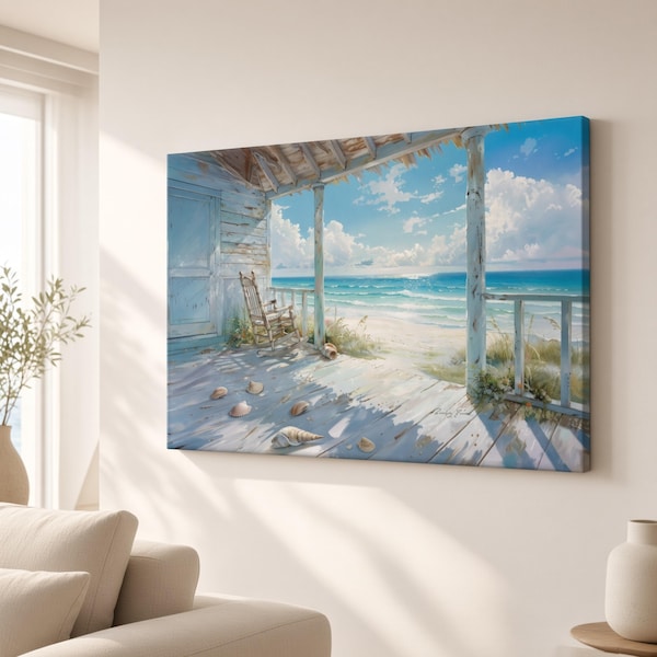 Lámina decorativa con vista al mar desde un porche costero, ideal para decorar la pared de una casa de playa, con imágenes serenas frente al mar para el hogar, lista para colgar.