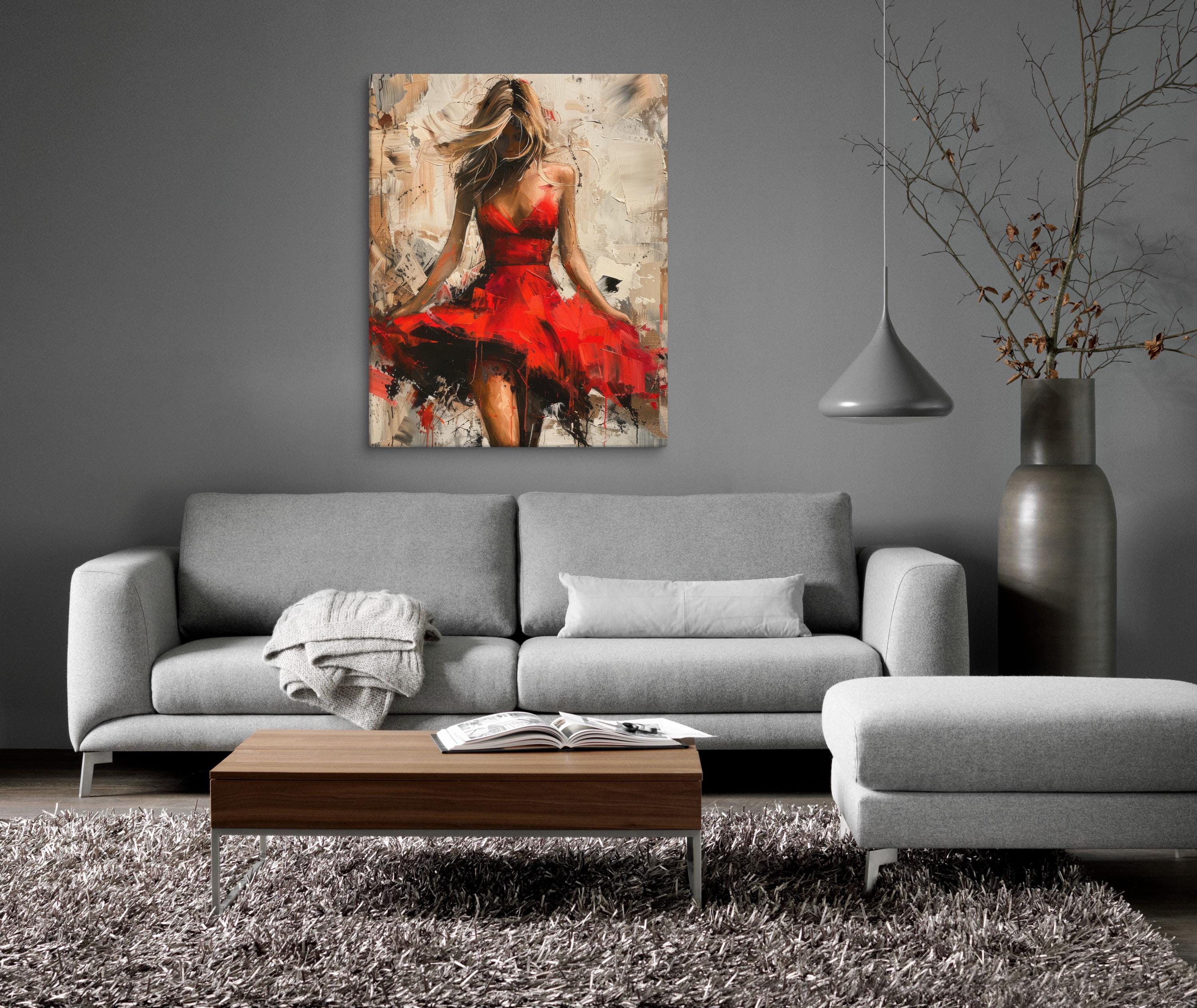 Modern Abstract Wall Art - Woman in Red Dress Canvas Painting - Stylish ...