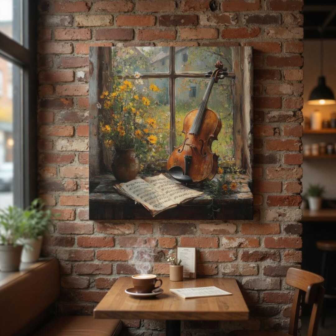 Vintage Violin Canvas Art: Rustic Floral Window Scene, Musical Wall ...