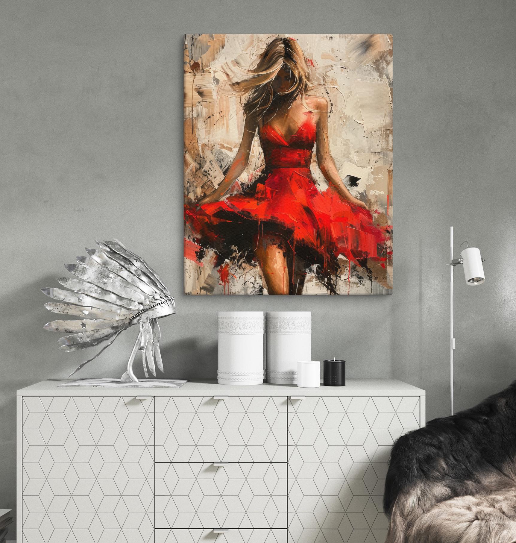 Modern Abstract Wall Art - Woman in Red Dress Canvas Painting - Stylish ...