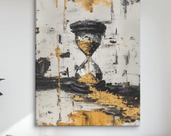 Golden Hourglass Painting, Abstract Modern Wall Art Symbolizing Time and Life, Luxury Black and Gold Canvas Ready to Hang