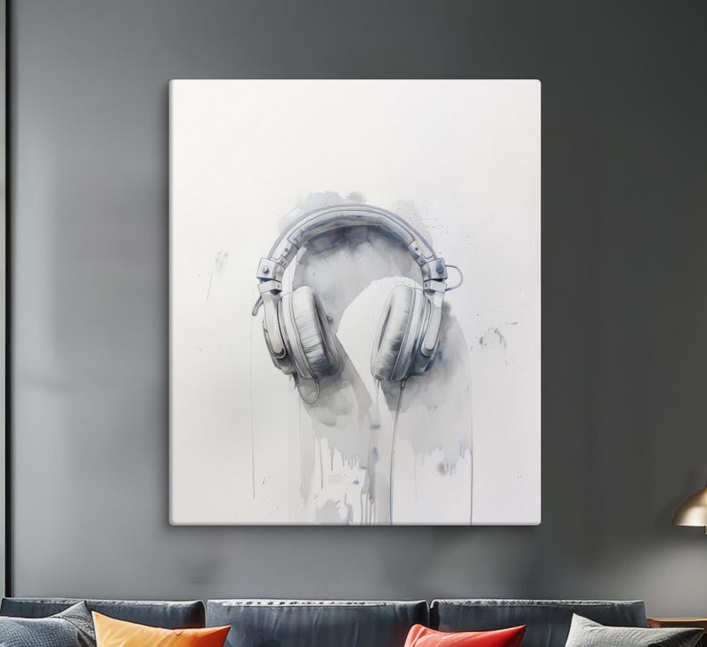 May include: A watercolor painting of white headphones on a white background with gray watercolor splatters.
