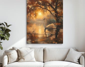 ヴィンテージの白鳥の湖のアートプリント - 秋の風景画 - Etsy 日本