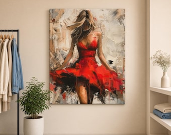 May include: A rectangular wall art canvas featuring an impressionistic painting of a figure in a vibrant red dress with a flared skirt. The background consists of abstract brushstrokes in shades of beige, white, and gray, creating a textured effect.
