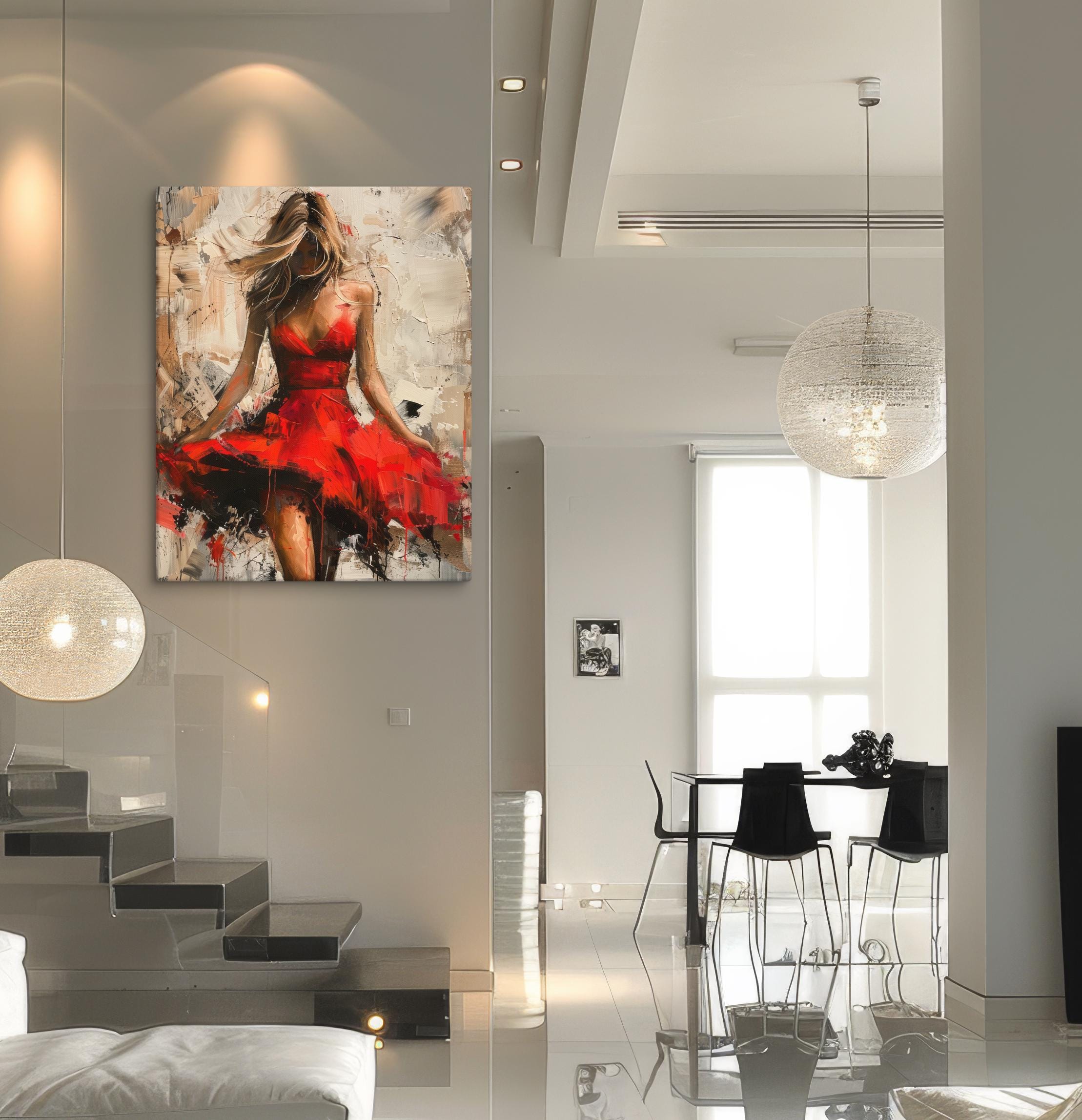 Modern Abstract Wall Art - Woman in Red Dress Canvas Painting - Stylish ...