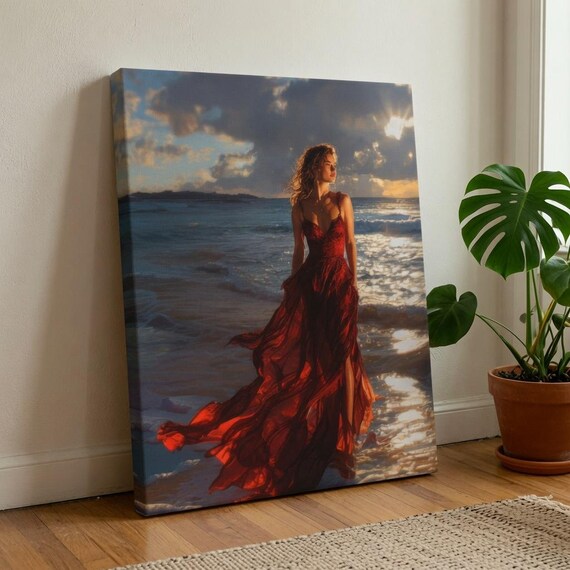 Woman in Red Dress at Sunset Beach, Romantic Ocean Wall Art, Elegant Canvas Painting Symbolizing Freedom and Beauty, Ready to Hang