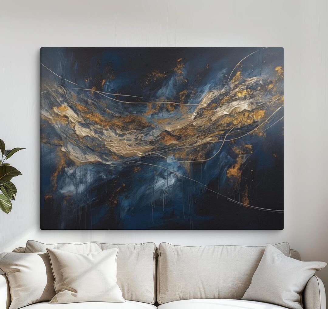Blue and Gold Abstract Canvas, Large Modern Wall Art, Luxury Textured ...