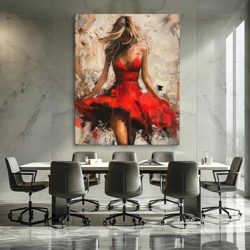 Modern Abstract Wall Art - Woman in Red Dress Canvas Painting - Stylish ...