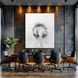 May include: A watercolor painting of a pair of white headphones against a white background. The headphones are hanging from the top of the canvas and are dripping with paint.