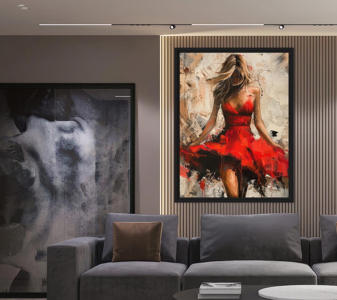 Modern Abstract Wall Art - Woman in Red Dress Framed Canvas - Stylish ...