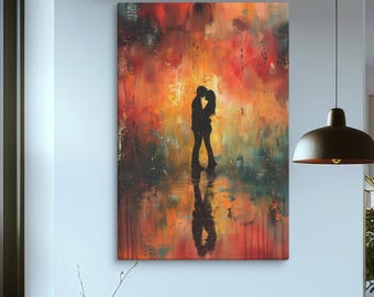 Canvas Romantic Silhouette Couple - Abstract Wall Art, Colorful Lovers Canvas, Modern Home Decor