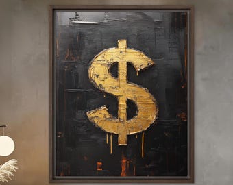 Framed Dollar Sign Canvas, Modern Money Wall Art, Luxury Gold Texture Painting, Financial Success Decor, Elegant Black and Gold Artwork