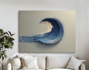 Abstrakt vågmålning redo att hängas, blått minimalistiskt konstverk, modern havsväggdekor, texturerad canvastavla för hemmet