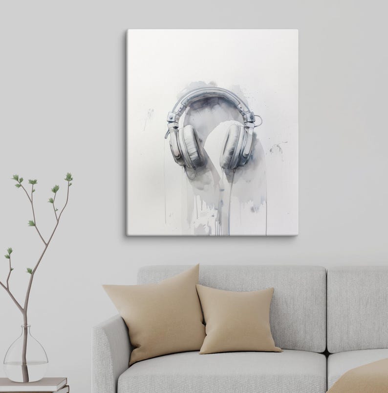 May include: A watercolor painting of white headphones on a white background. The headphones are dripping with paint, creating a unique and abstract design.
