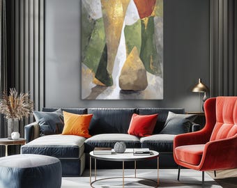 Arte abstracto de pared en lienzo: pintura geométrica en tonos tierra, verde y dorado