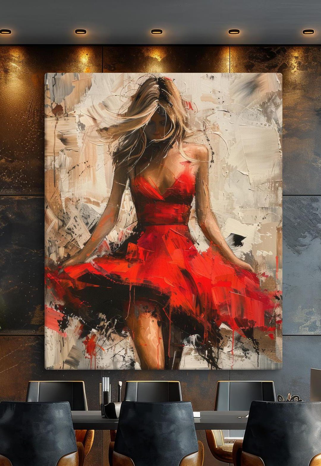 Modern Abstract Wall Art - Woman in Red Dress Canvas Painting - Stylish ...