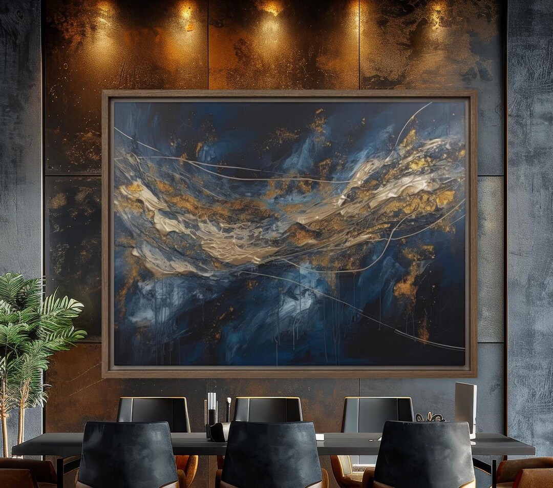 Blue and Gold Abstract Canvas, Large Modern Wall Art, Luxury Textured ...