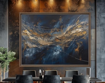 Blue and Gold Abstract Canvas Art: Modern Textured Painting
