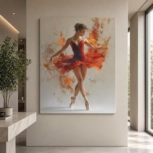 May include: A rectangular wall art print featuring a ballerina in a vibrant red dress with flowing, flame-like brushstrokes in shades of orange and yellow. The dancer is captured in a graceful pose, wearing pointe shoes against a neutral background.