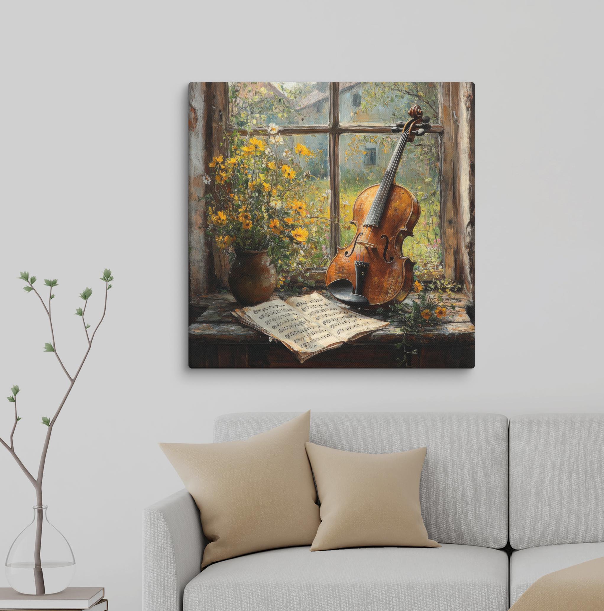 Vintage Violin Canvas Art: Rustic Floral Window Scene, Musical Wall ...