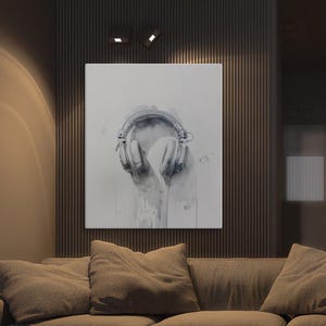 May include: A watercolor painting of a pair of white headphones on a white background. The headphones are dripping with water, creating a sense of movement and energy.