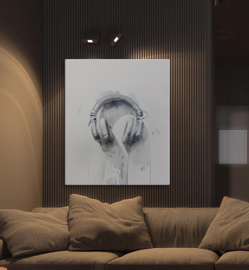 May include: A watercolor painting of a pair of white headphones on a white background. The headphones are dripping with water, creating a sense of movement and energy.