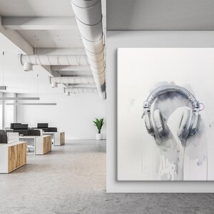 May include: A watercolor painting of a pair of white headphones on a white background. The headphones are painted in a realistic style, with details like the earcups and the headband visible. The background is a simple white, allowing the headphones to be the focus of the painting.