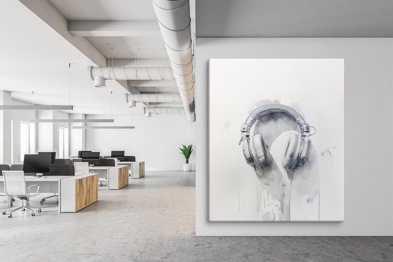 May include: A watercolor painting of a pair of white headphones on a white background. The headphones are painted in a realistic style, with details like the earcups and the headband visible. The background is a simple white, allowing the headphones to be the focus of the painting.