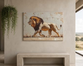 May include: A rectangular wall art print featuring a side profile of a lion with a thick, dark brown mane and golden fur, walking across a dry, grassy landscape against a textured, light beige background with visible brushstroke details.
