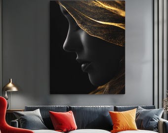 Elegant Black and Gold Woman Painting, Minimalist Portrait Art, Luxury Wall Decor Canvas, Ready to Hang