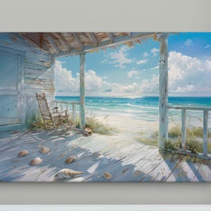 Coastal Porch Seaside View Art Print, Relaxing Beach House Wall Art Decor, Serene Oceanfront Canvas Pictures for Home, Ready to Hang