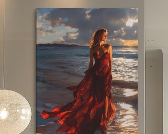 Woman in Red Dress at Sunset Beach, Romantic Ocean Wall Art, Elegant Canvas Painting Symbolizing Freedom and Beauty, Ready to Hang