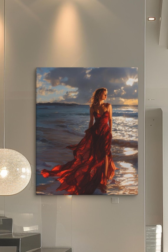 Woman in Red Dress at Sunset Beach, Romantic Ocean Wall Art, Elegant Canvas  Painting Symbolizing Freedom and Beauty, Ready to Hang