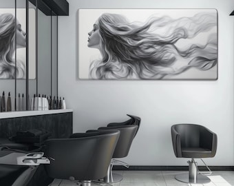 Beauty Salon Decor: Monochrome Woman Profile with Stunning Hair - Modern B&W Art Print for Hair Stylists