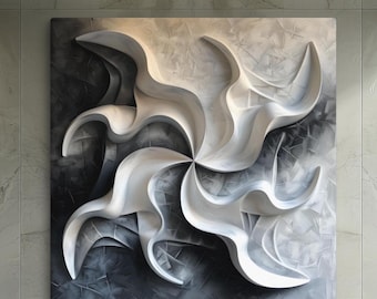 Modern Abstract Pictures, Fluid White and Gray Shapes Wall Art Decor, Contemporary 3D Canvas Pictures for Home, Ready to Hang