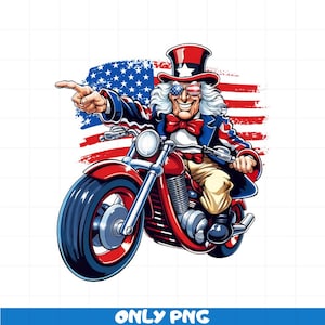 アンクルサムのバイクのPNG、独立記念日のバイカーの昇華デザイン、愛国的なアメリカ国旗のクリップアート、独立記念日のPNG、PNGファイルのみ